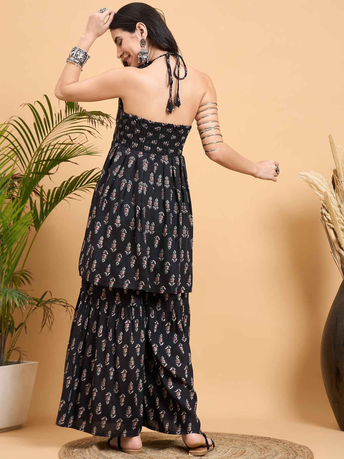 InWeave Black Booti Rapid Print Backless Kurta Sharara Set | Grocsy