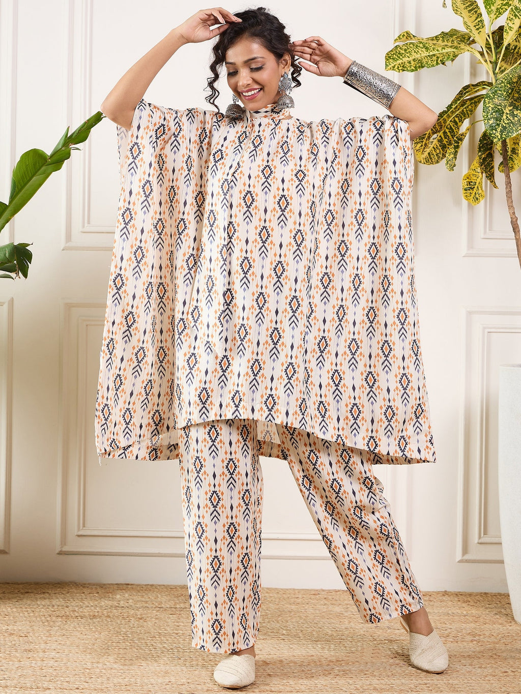 InWeave Off White Orange Black Ikkat Print Tie Neck Kaftan Boho Set | Grocsy