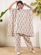 InWeave Off White Orange Black Ikkat Print Tie Neck Kaftan Boho Set | Grocsy