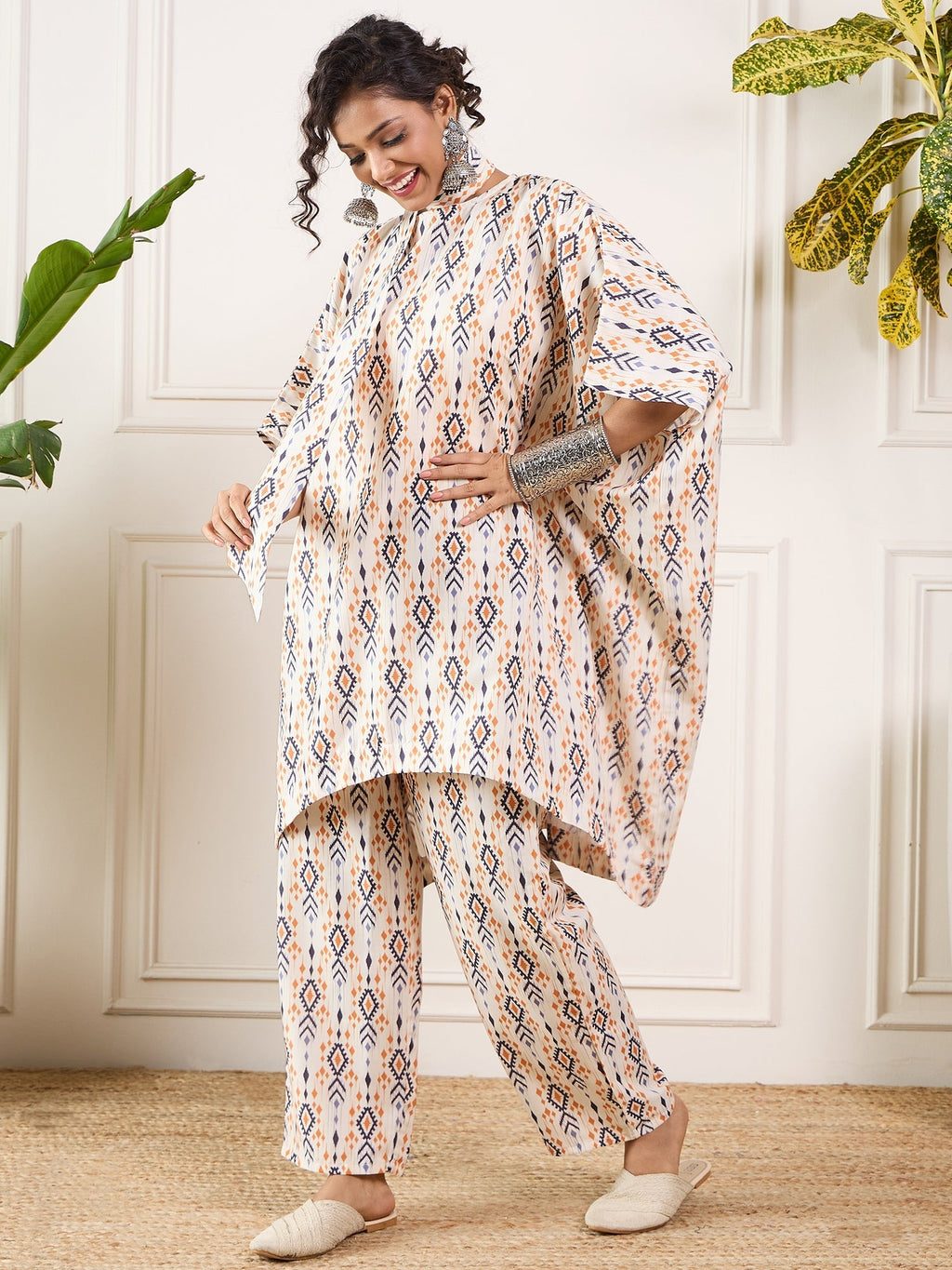 InWeave Off White Orange Black Ikkat Print Tie Neck Kaftan Boho Set | Grocsy