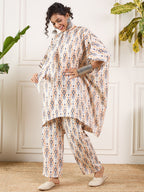 InWeave Off White Orange Black Ikkat Print Tie Neck Kaftan Boho Set | Grocsy