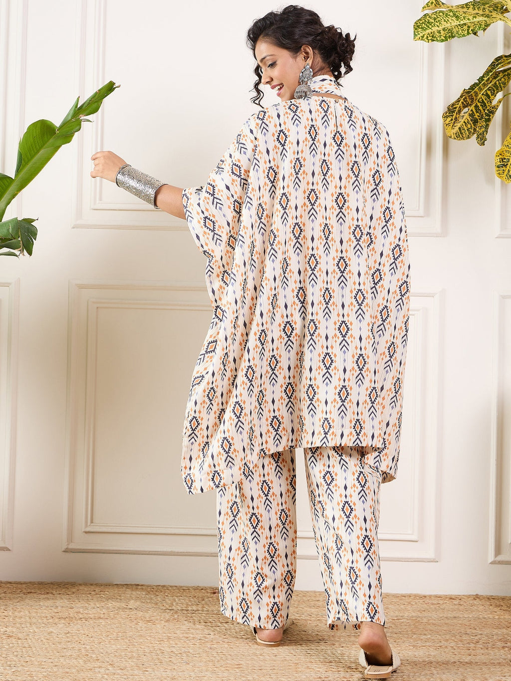 InWeave Off White Orange Black Ikkat Print Tie Neck Kaftan Boho Set | Grocsy