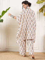 InWeave Off White Orange Black Ikkat Print Tie Neck Kaftan Boho Set | Grocsy
