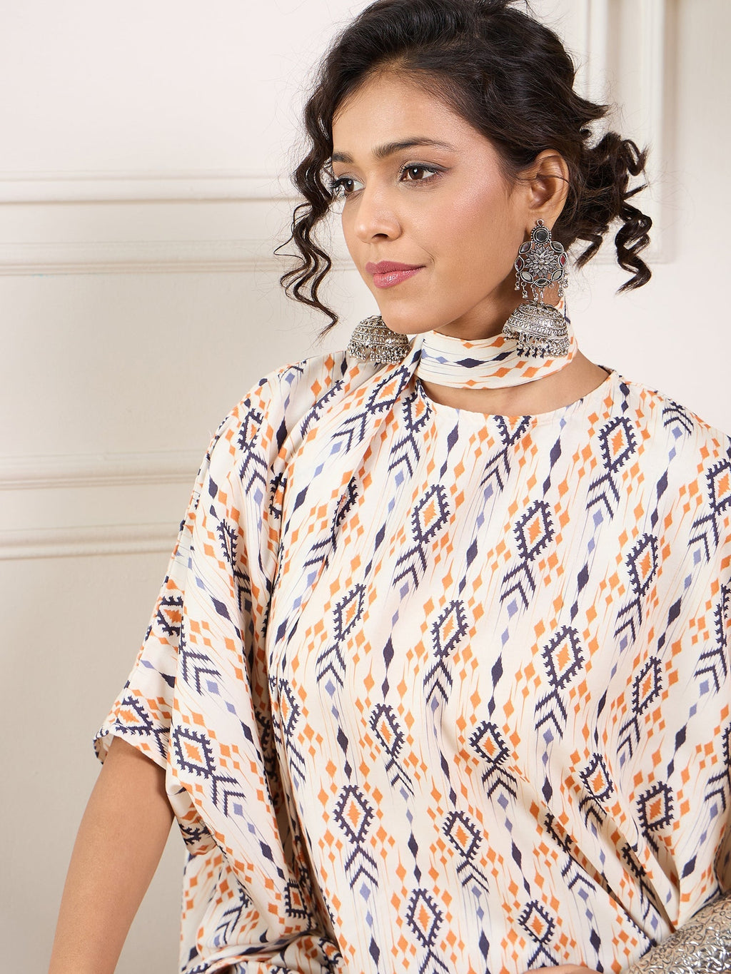 InWeave Off White Orange Black Ikkat Print Tie Neck Kaftan Boho Set | Grocsy