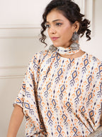 InWeave Off White Orange Black Ikkat Print Tie Neck Kaftan Boho Set | Grocsy