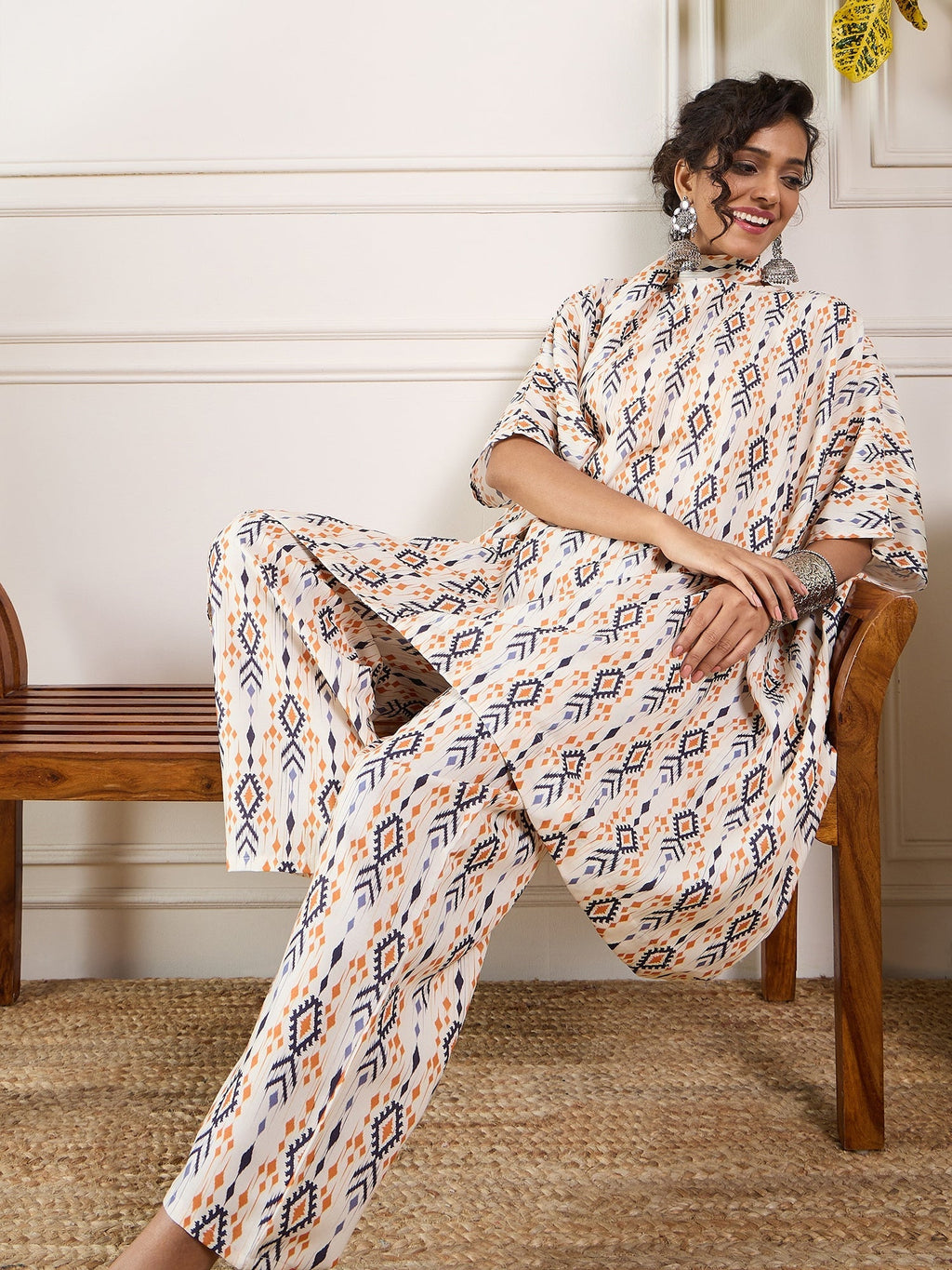 InWeave Off White Orange Black Ikkat Print Tie Neck Kaftan Boho Set | Grocsy