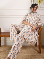InWeave Off White Orange Black Ikkat Print Tie Neck Kaftan Boho Set | Grocsy