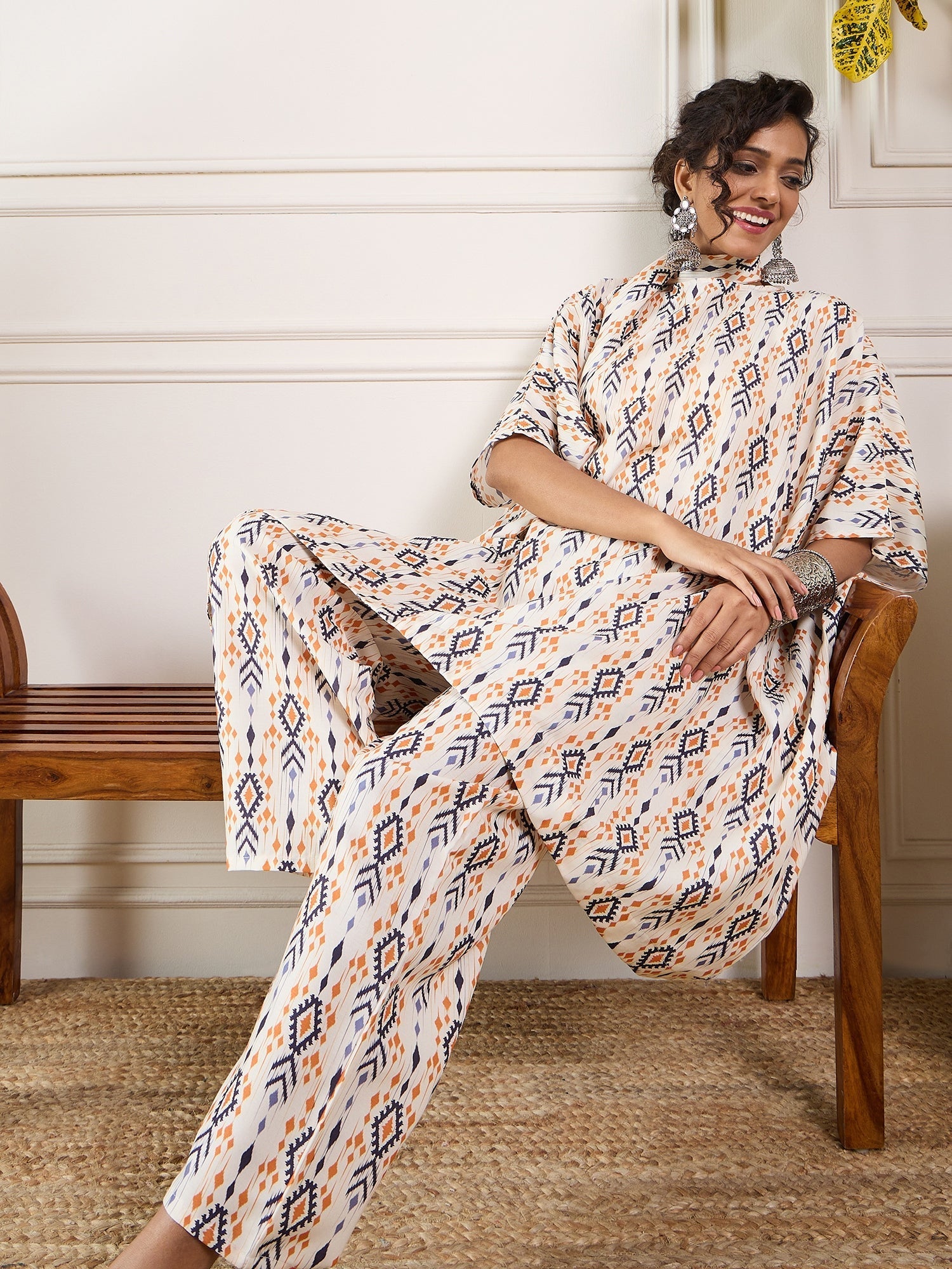 InWeave Off White Orange Black Ikkat Print Tie Neck Kaftan Boho Set | Grocsy