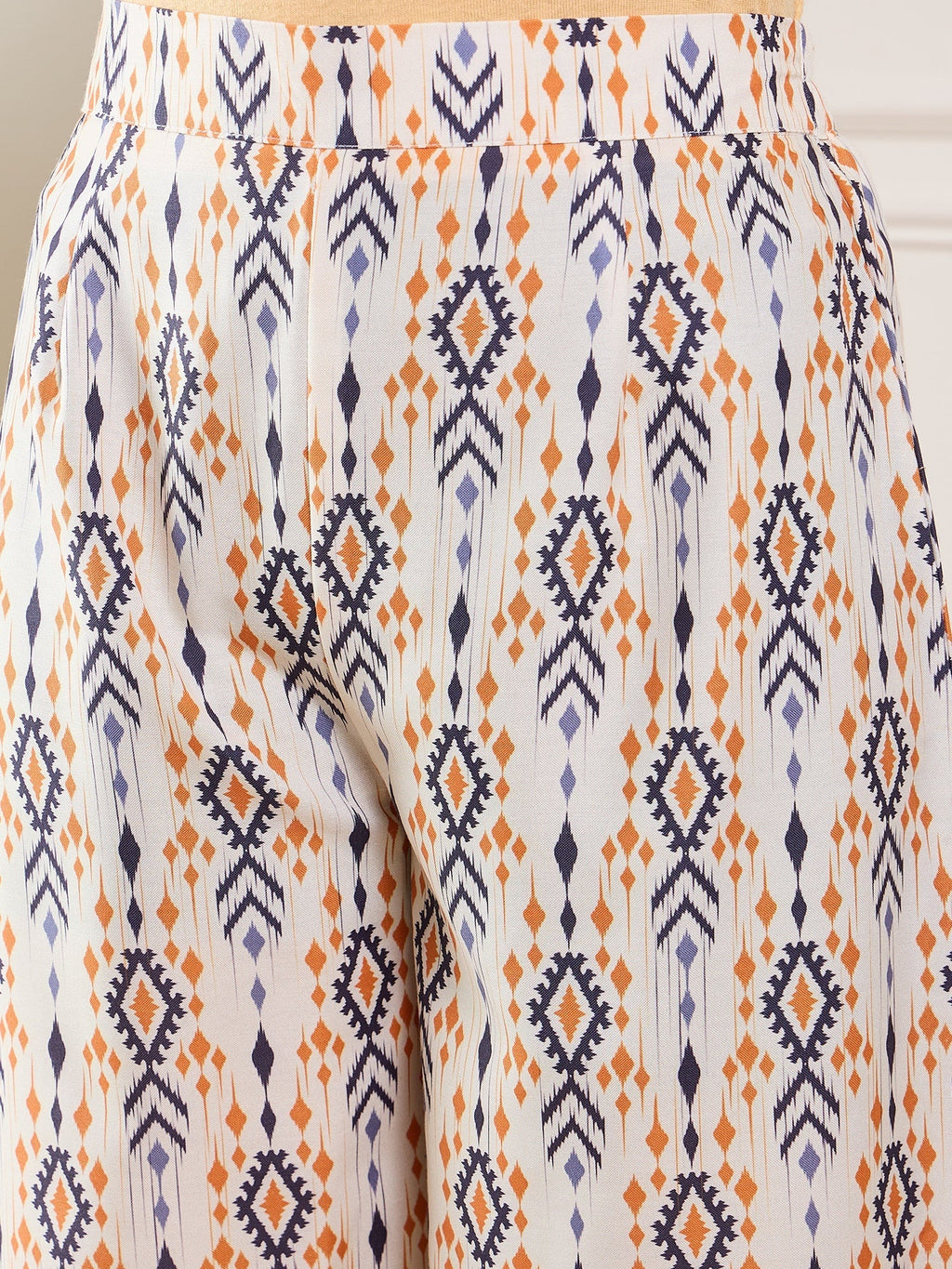InWeave Off White Orange Black Ikkat Print Tie Neck Kaftan Boho Set | Grocsy