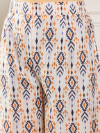 InWeave Off White Orange Black Ikkat Print Tie Neck Kaftan Boho Set | Grocsy