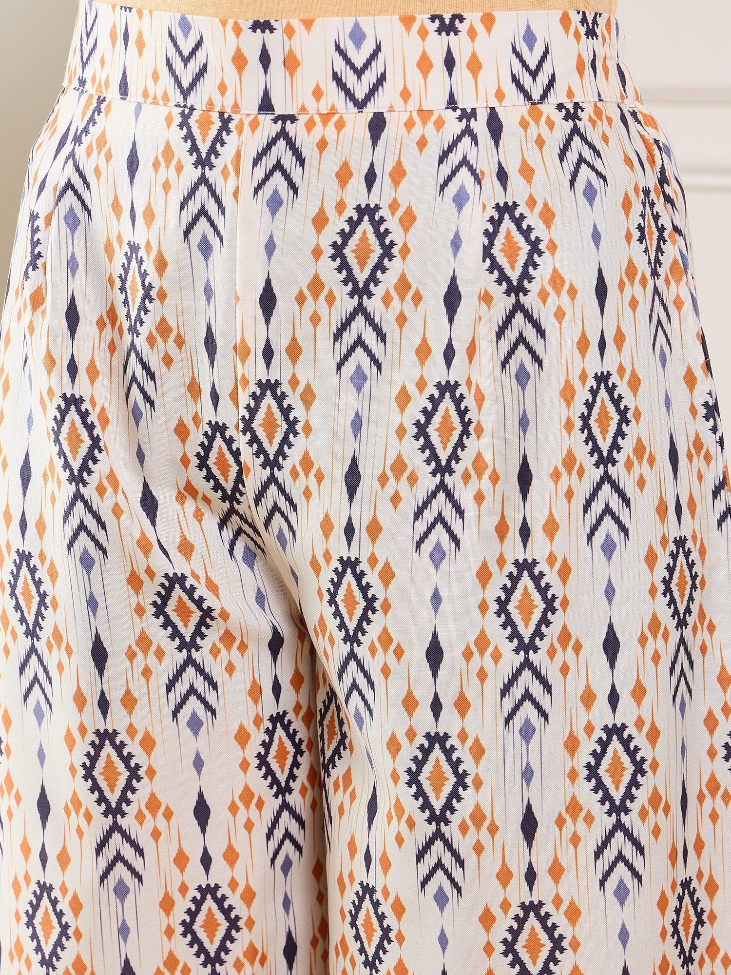 InWeave Off White Orange Black Ikkat Print Tie Neck Kaftan Boho Set | Grocsy