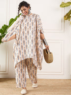 InWeave Off White Orange Black Ikkat Print Tie Neck Kaftan Boho Set | Grocsy