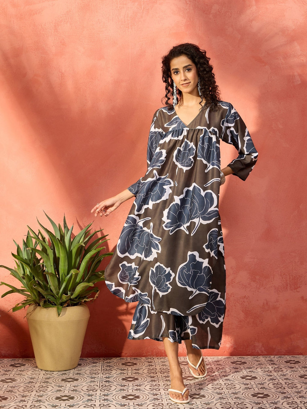 InWeave Mehendi Green Dark Teal Rose V Neck Flared Kurta Set | Grocsy