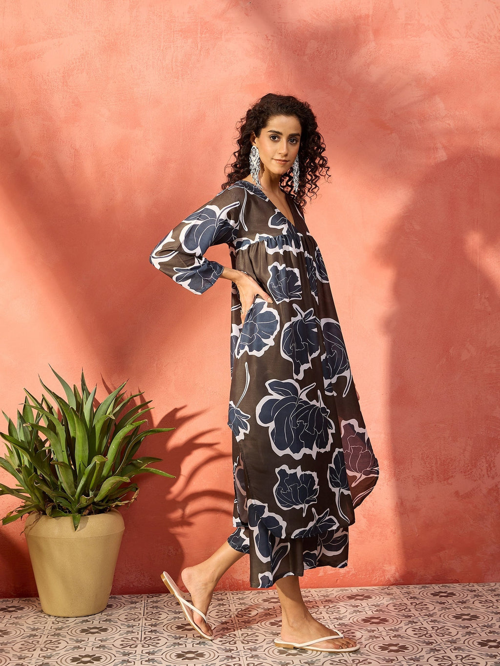 InWeave Mehendi Green Dark Teal Rose V Neck Flared Kurta Set | Grocsy