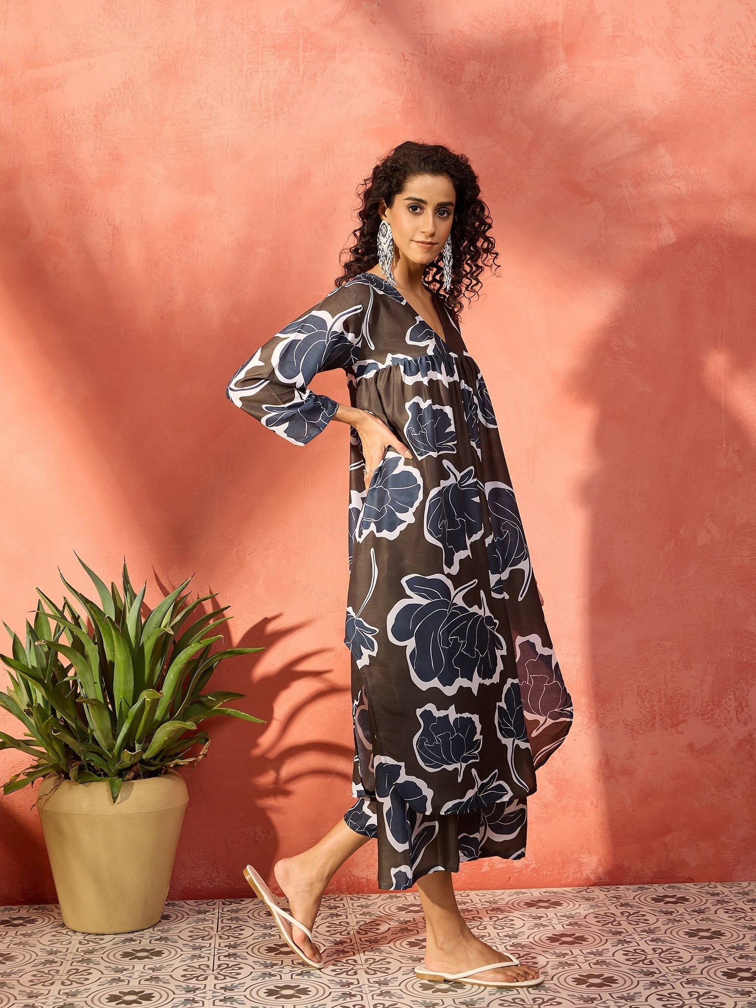 InWeave Mehendi Green Dark Teal Rose V Neck Flared Kurta Set | Grocsy