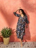 InWeave Mehendi Green Dark Teal Rose V Neck Flared Kurta Set | Grocsy