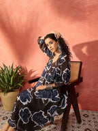 InWeave Mehendi Green Dark Teal Rose V Neck Flared Kurta Set | Grocsy