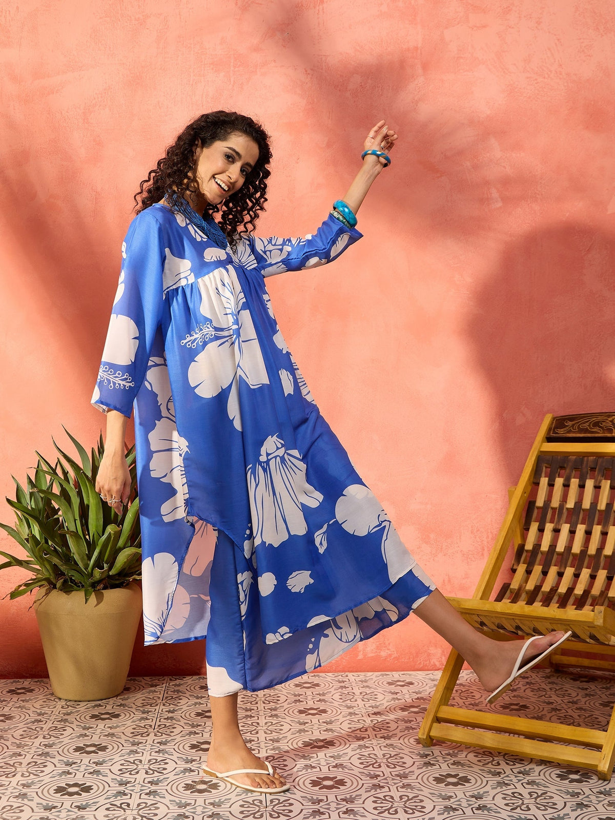 InWeave Azure Blue Hibiscus Kurta Set | Grocsy