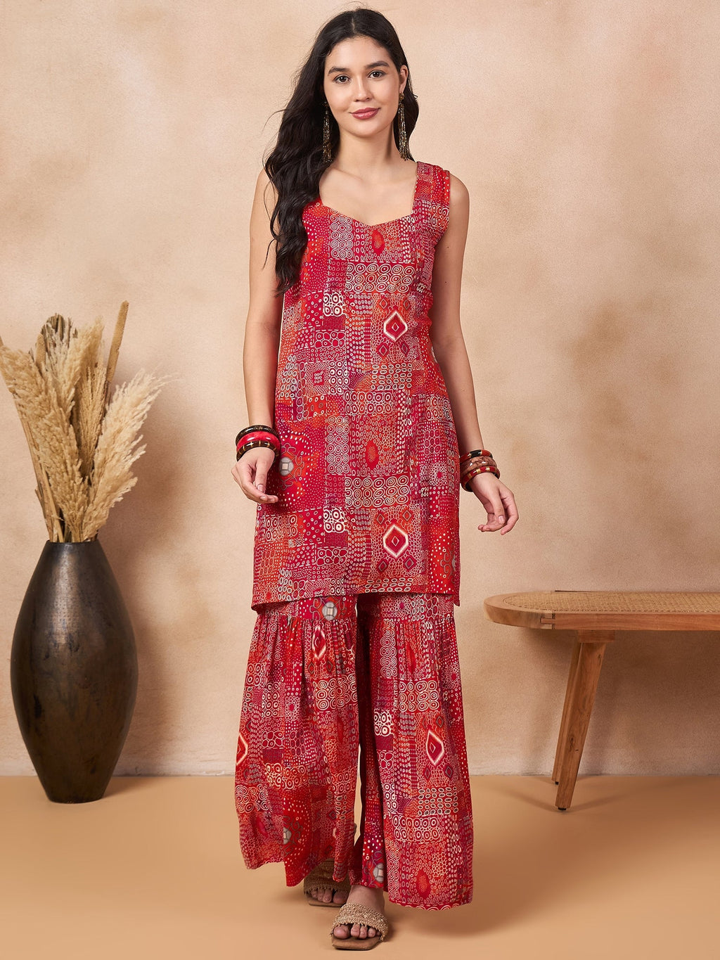 InWeave Orange Red Unique Foil Sweetheart Neck Sharara Set | Grocsy