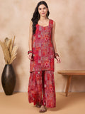 InWeave Orange Red Unique Foil Sweetheart Neck Sharara Set | Grocsy