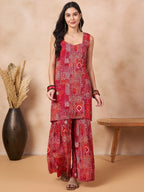 InWeave Orange Red Unique Foil Sweetheart Neck Sharara Set | Grocsy