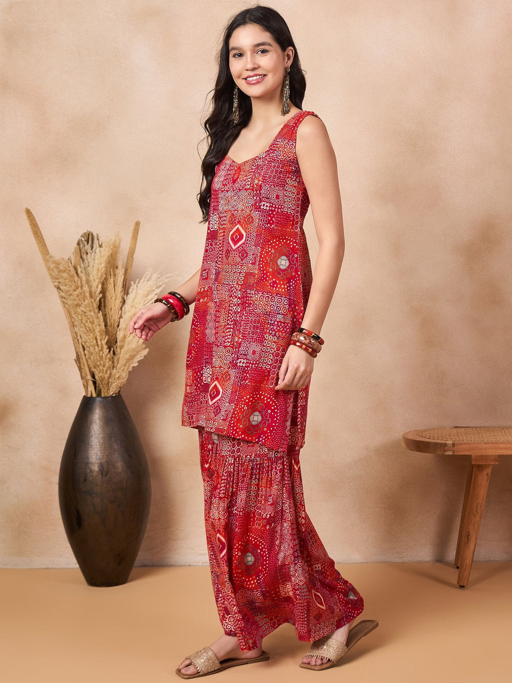 InWeave Orange Red Unique Foil Sweetheart Neck Sharara Set | Grocsy