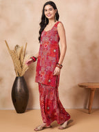 InWeave Orange Red Unique Foil Sweetheart Neck Sharara Set | Grocsy