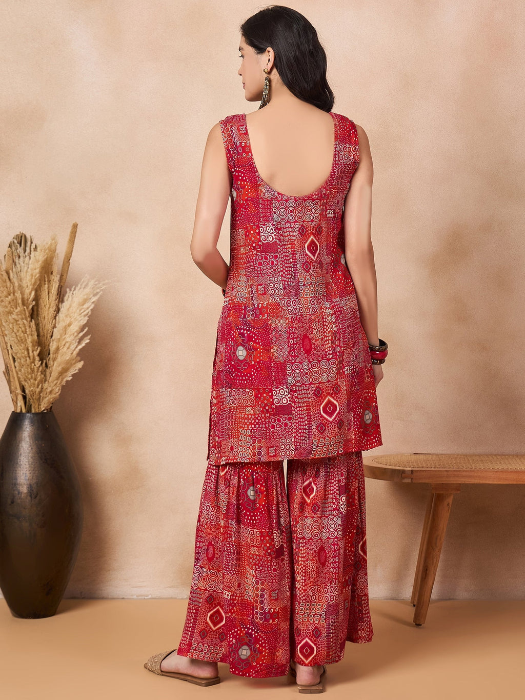 InWeave Orange Red Unique Foil Sweetheart Neck Sharara Set | Grocsy