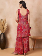 InWeave Orange Red Unique Foil Sweetheart Neck Sharara Set | Grocsy