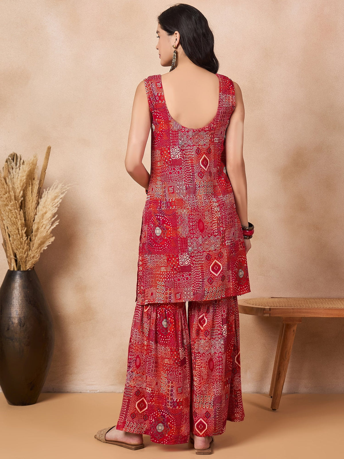 InWeave Orange Red Unique Foil Sweetheart Neck Sharara Set | Grocsy