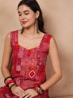 InWeave Orange Red Unique Foil Sweetheart Neck Sharara Set | Grocsy