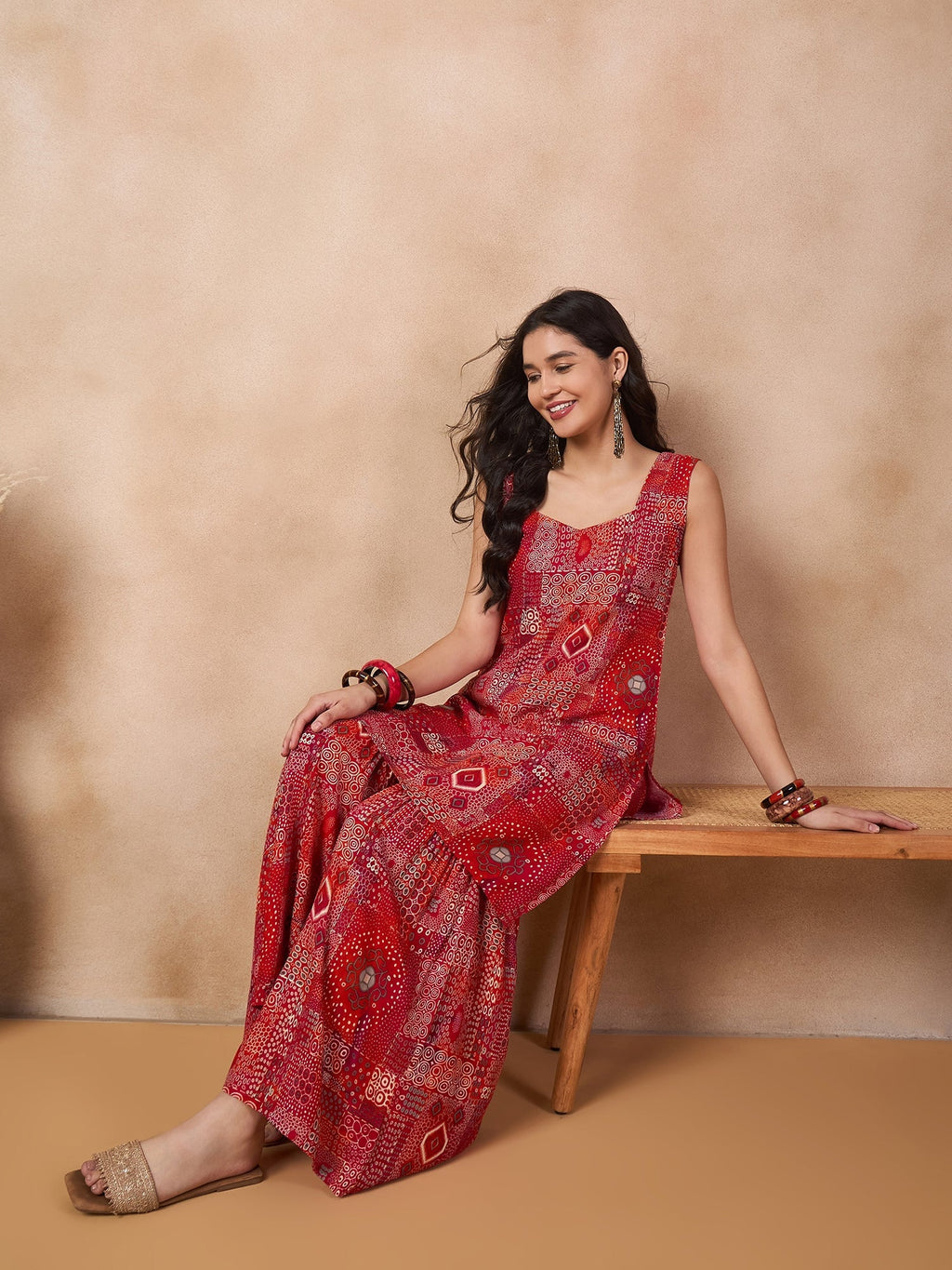 InWeave Orange Red Unique Foil Sweetheart Neck Sharara Set | Grocsy