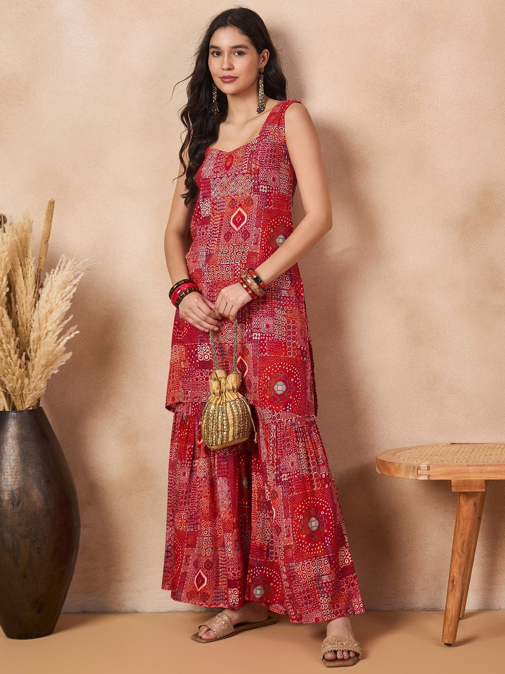 InWeave Orange Red Unique Foil Sweetheart Neck Sharara Set | Grocsy