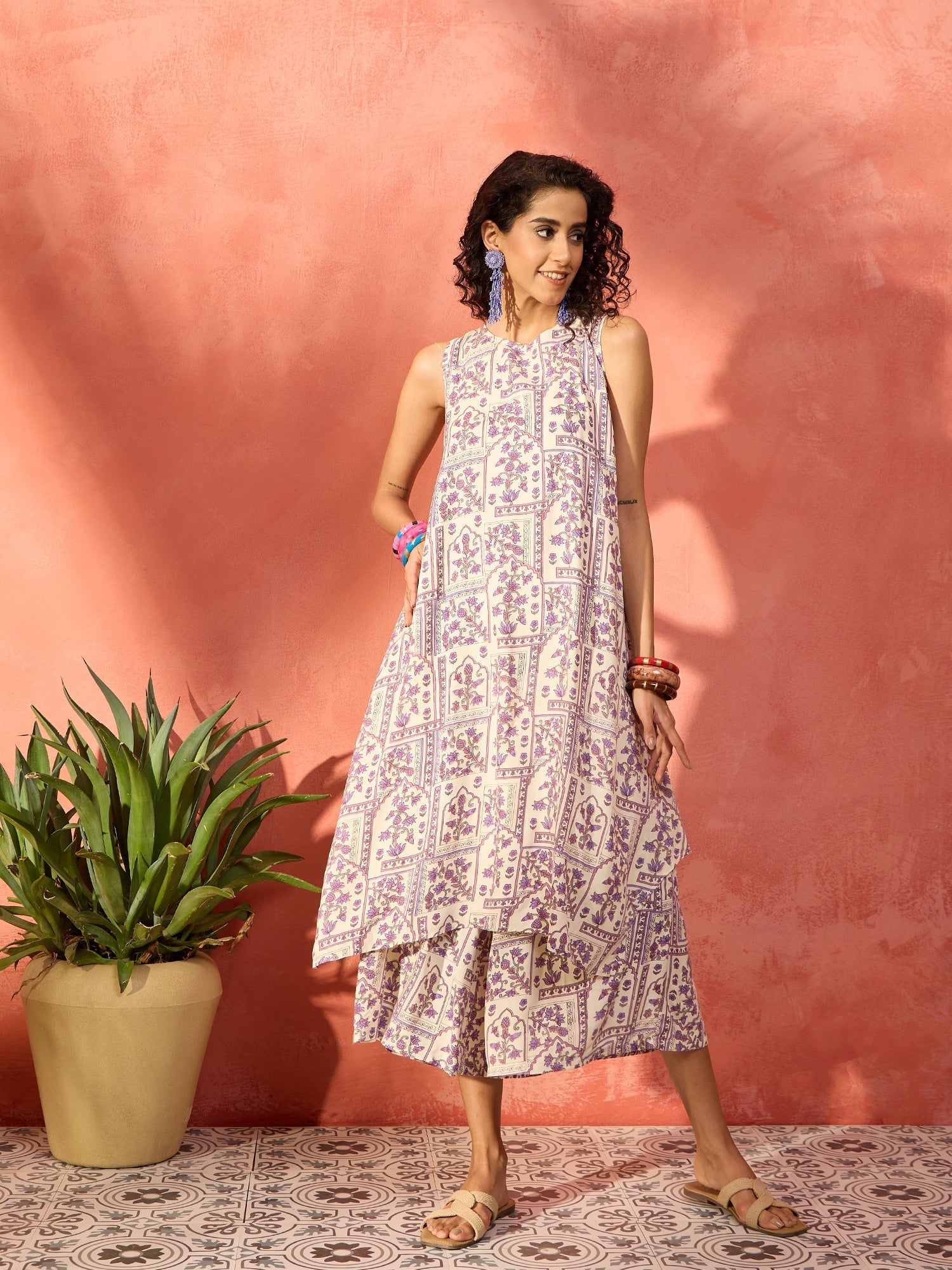 InWeave Mauve Ethnic Window Floral Short Palazzo Kurta Set | Grocsy