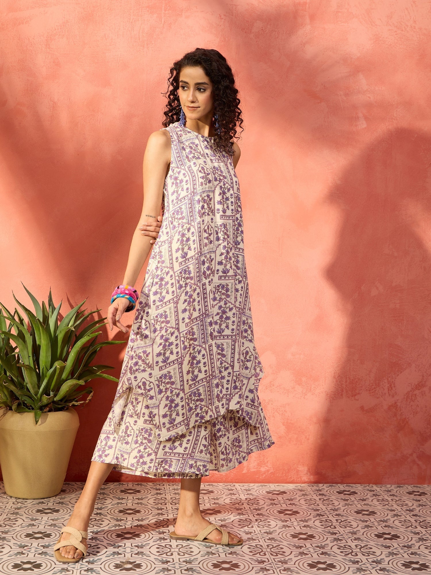InWeave Mauve Ethnic Window Floral Short Palazzo Kurta Set | Grocsy