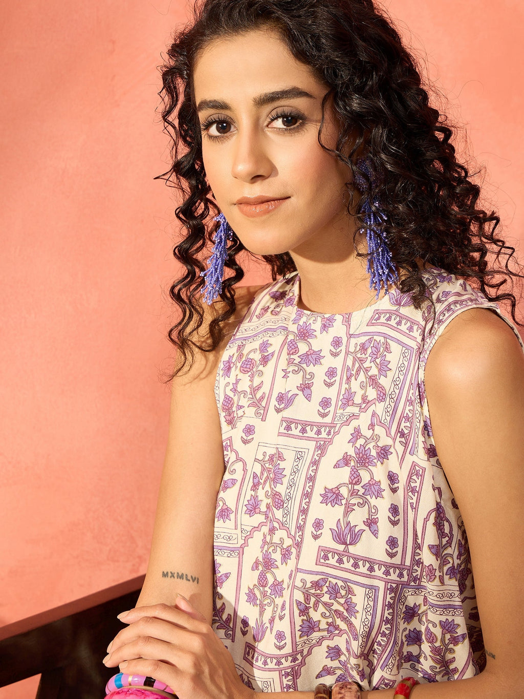 InWeave Mauve Ethnic Window Floral Short Palazzo Kurta Set | Grocsy