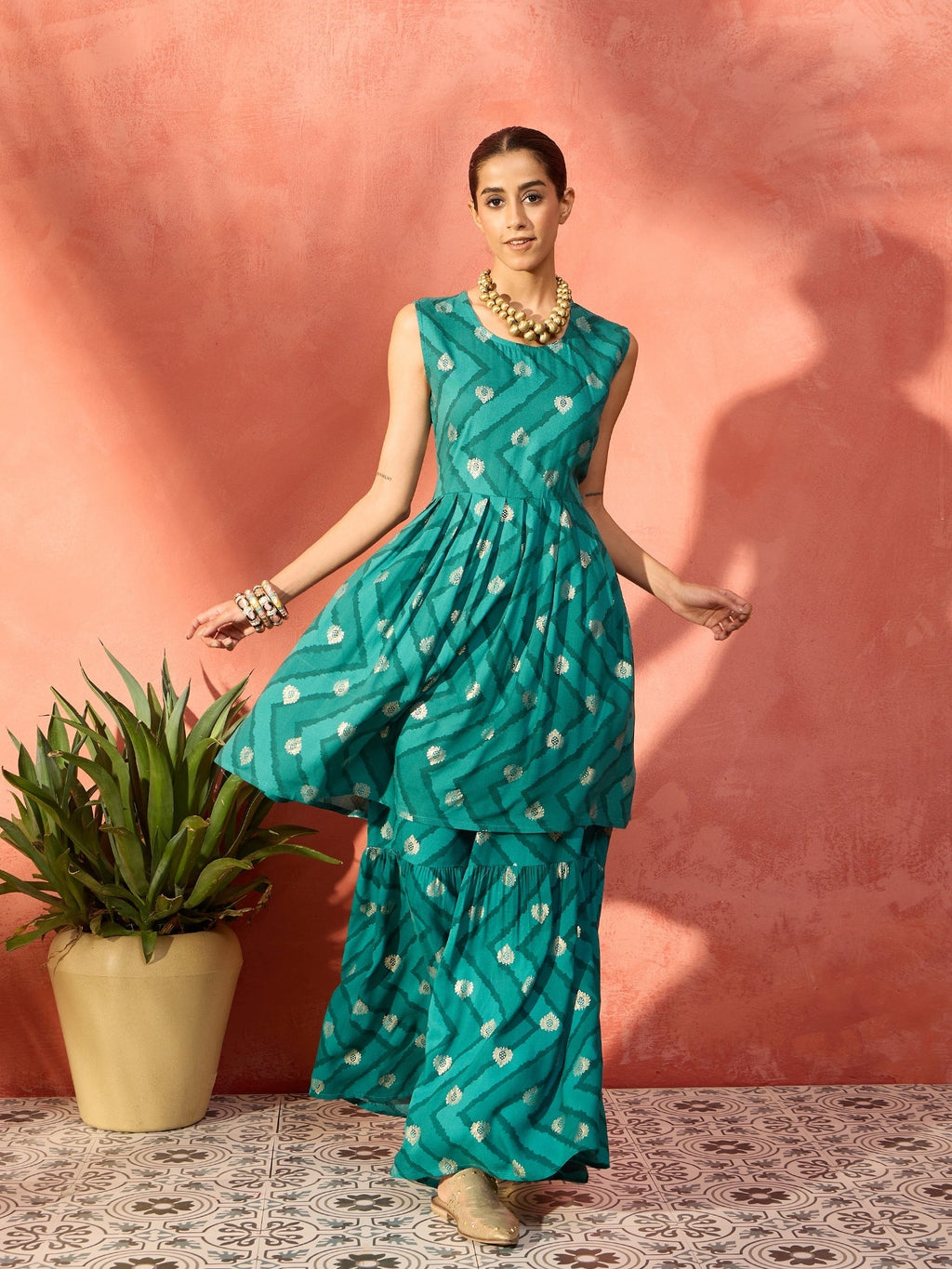 InWeave Dark Teal Foil Boota Round Neck W/S Sharara Set | Grocsy