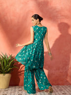 InWeave Dark Teal Foil Boota Round Neck W/S Sharara Set | Grocsy