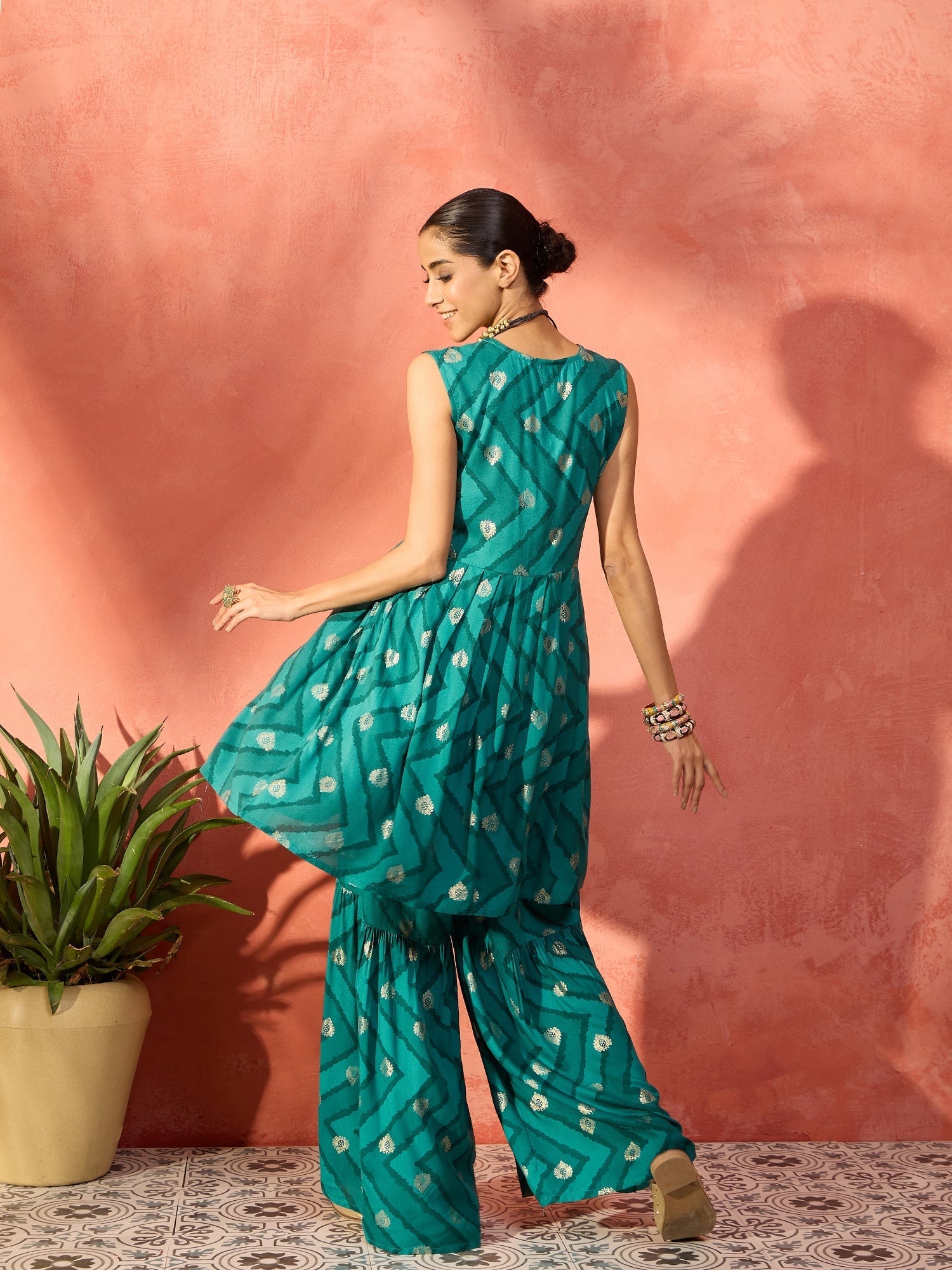 InWeave Dark Teal Foil Boota Round Neck W/S Sharara Set | Grocsy