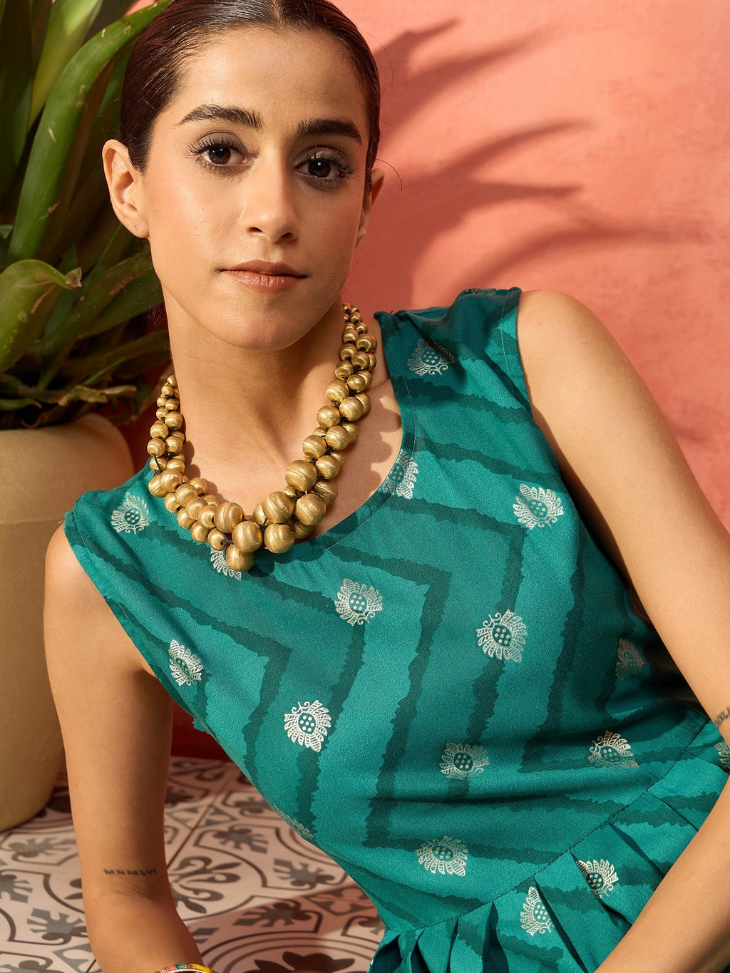 InWeave Dark Teal Foil Boota Round Neck W/S Sharara Set | Grocsy