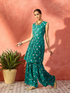 InWeave Dark Teal Foil Boota Round Neck W/S Sharara Set | Grocsy