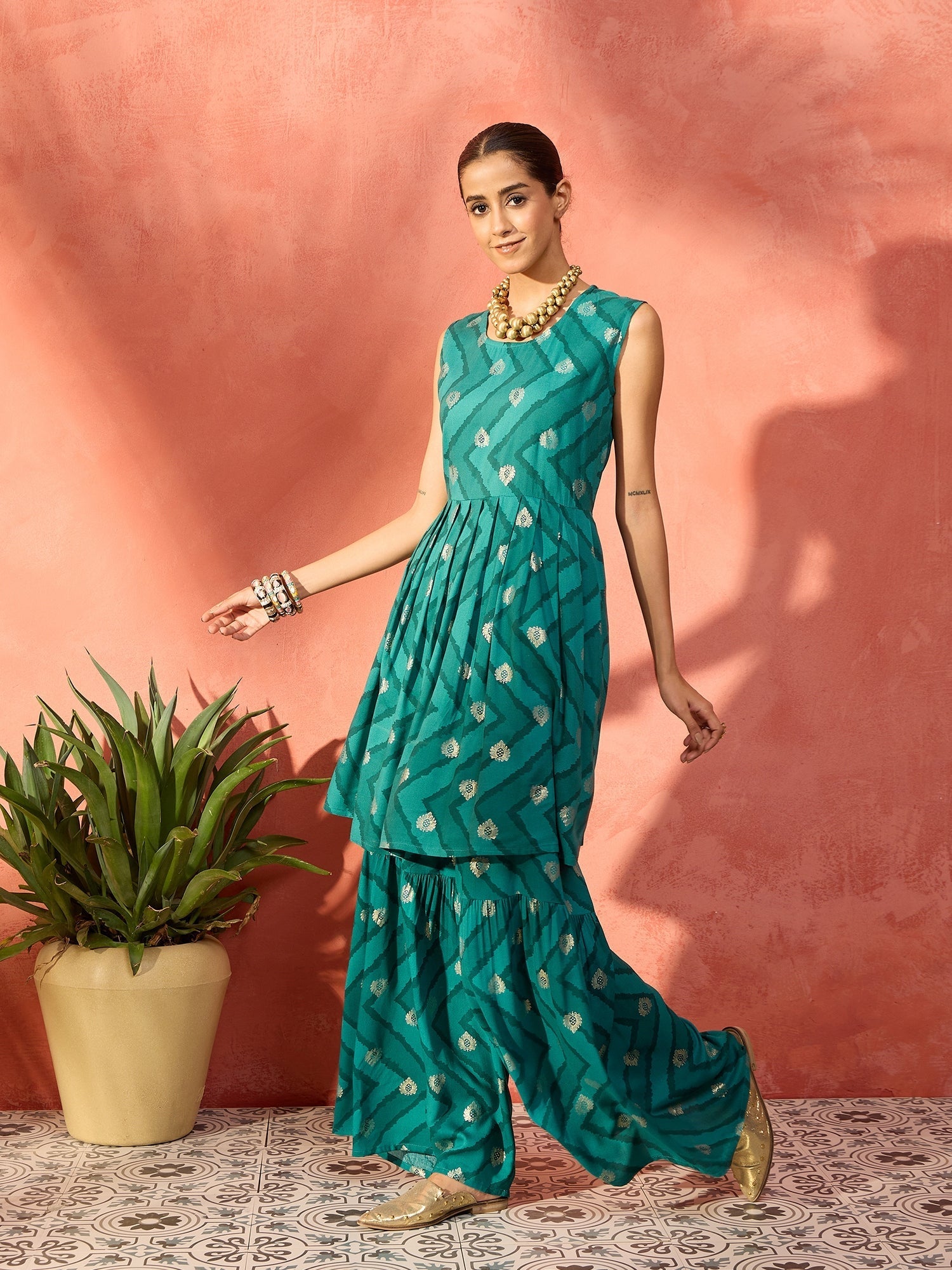InWeave Dark Teal Foil Boota Round Neck W/S Sharara Set | Grocsy