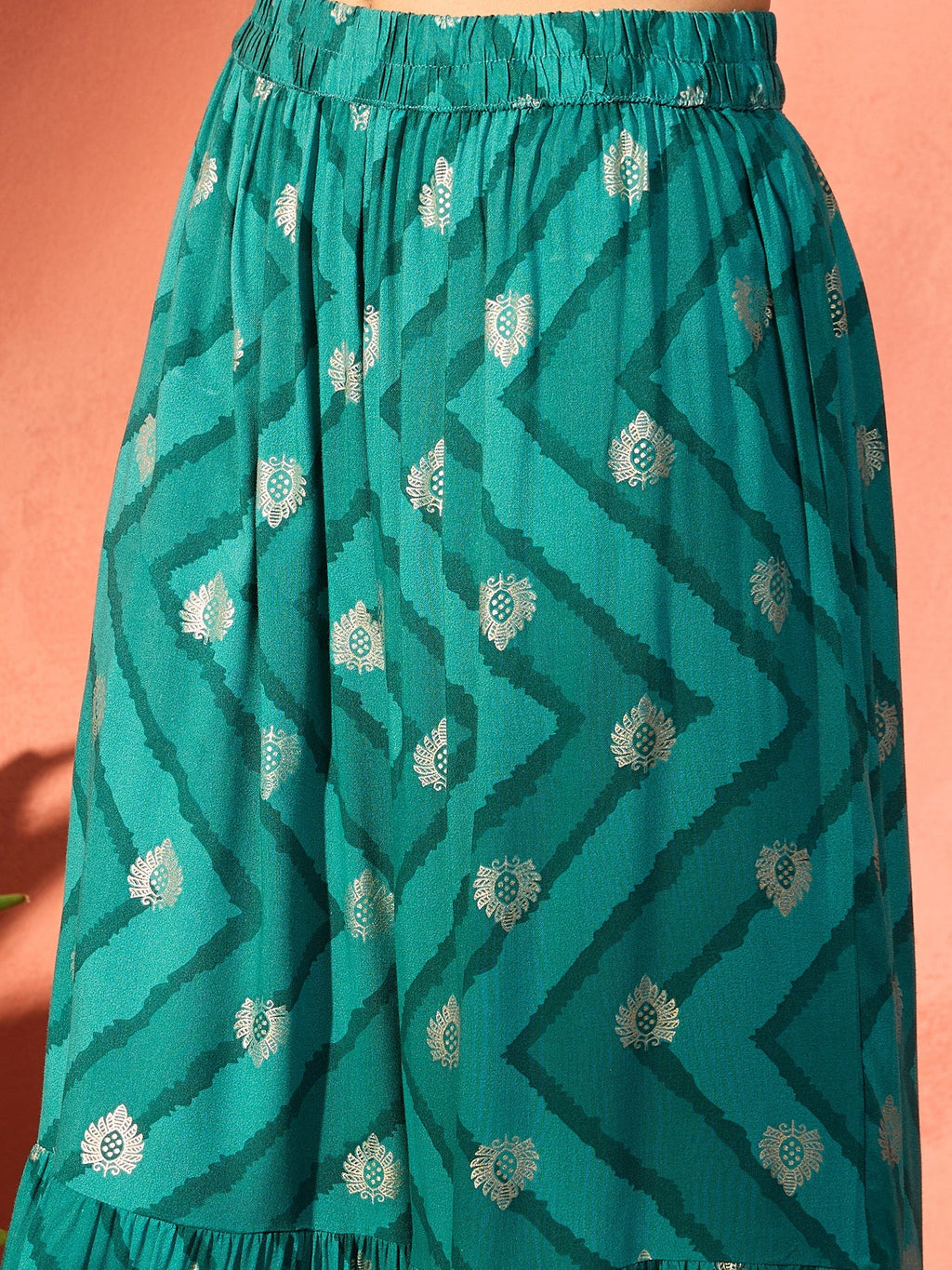 InWeave Dark Teal Foil Boota Round Neck W/S Sharara Set | Grocsy