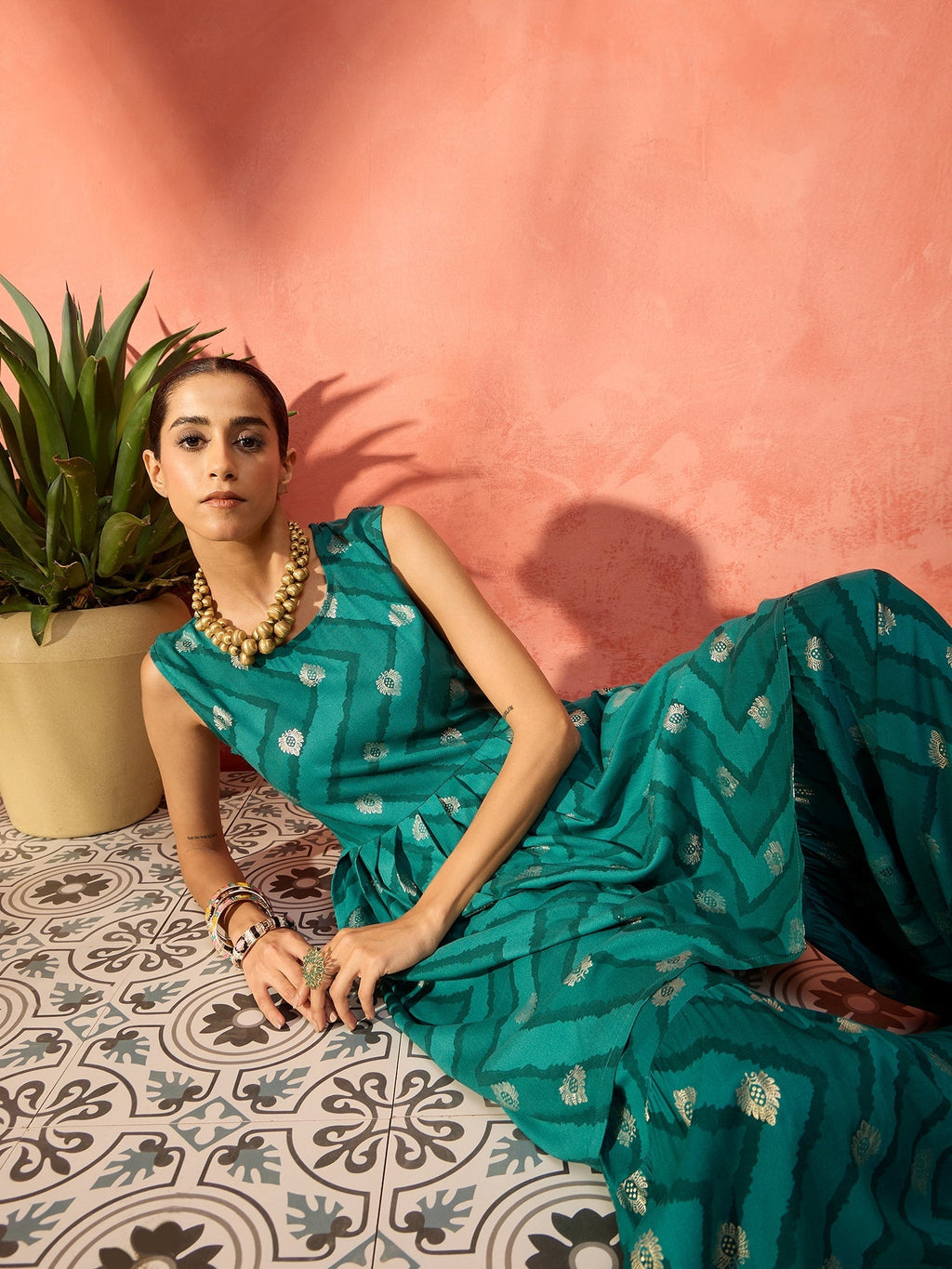 InWeave Dark Teal Foil Boota Round Neck W/S Sharara Set | Grocsy