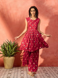 InWeave Maroon Burgundy Foil Boota Round Neck W/S Sharara Set | Grocsy