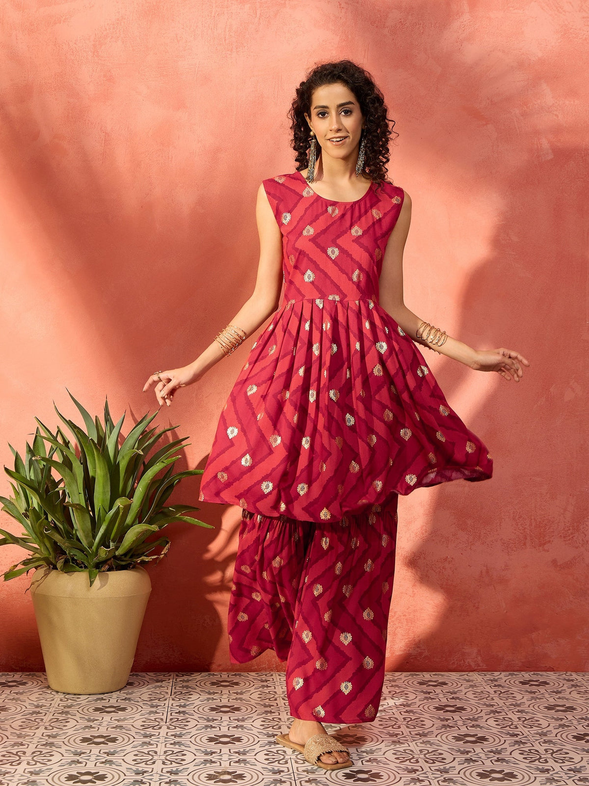 InWeave Maroon Burgundy Foil Boota Round Neck W/S Sharara Set | Grocsy