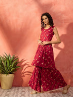 InWeave Maroon Burgundy Foil Boota Round Neck W/S Sharara Set | Grocsy