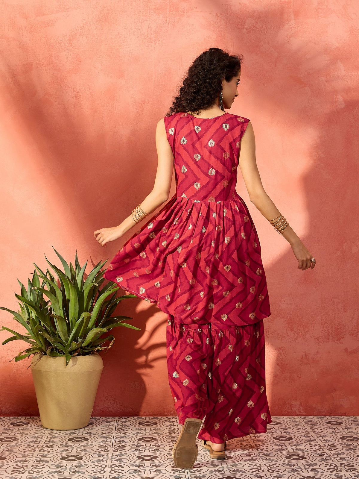 InWeave Maroon Burgundy Foil Boota Round Neck W/S Sharara Set | Grocsy