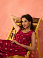 InWeave Maroon Burgundy Foil Boota Round Neck W/S Sharara Set | Grocsy