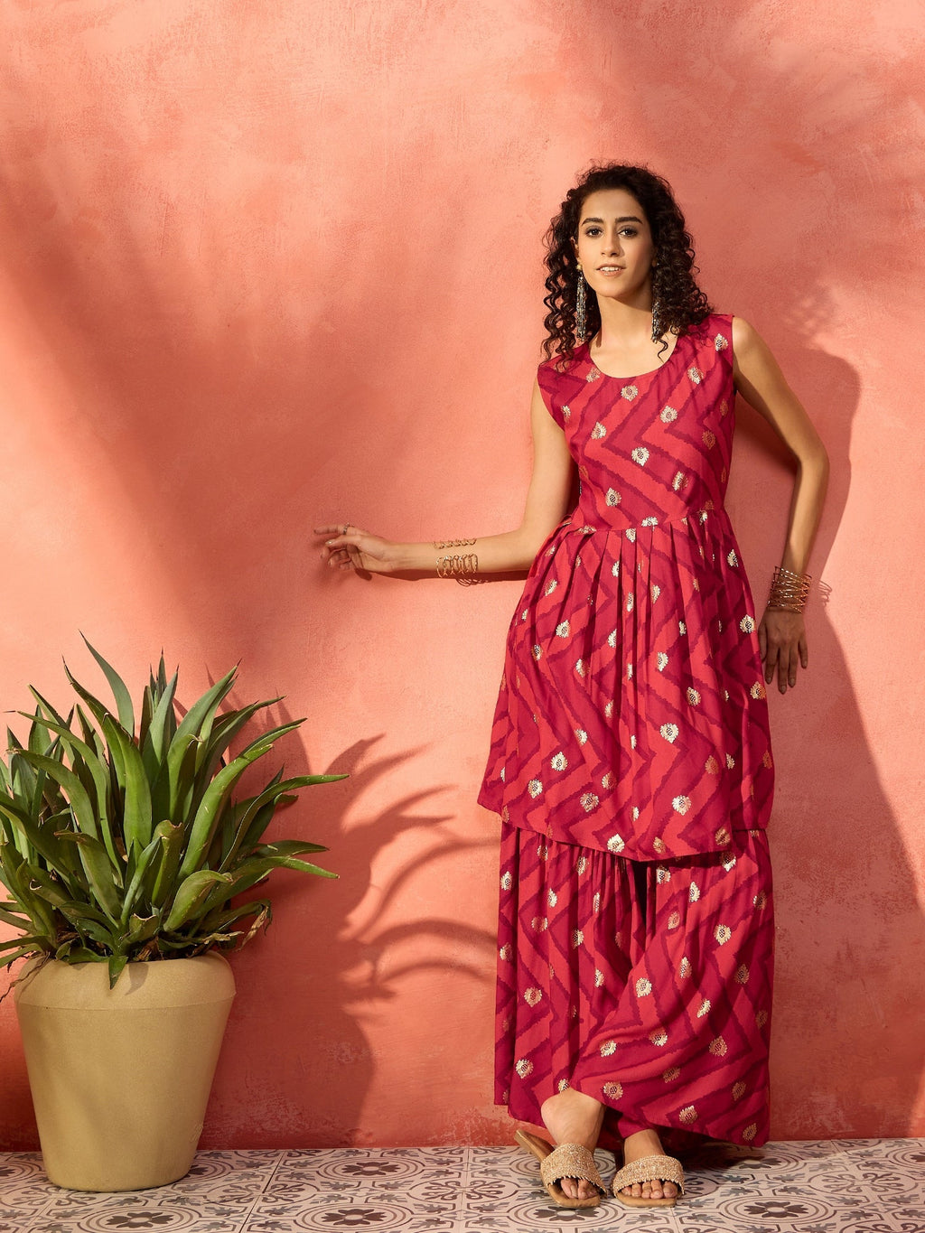 InWeave Maroon Burgundy Foil Boota Round Neck W/S Sharara Set | Grocsy